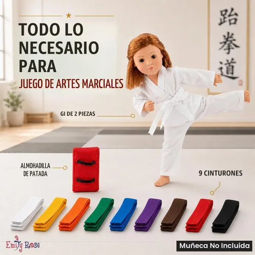 Vista 2 de Emily Rose Conjunto de karate de muñeca de 18 pulgadas - Juego de 11 piezas de Taekwondo Gi con cinturones