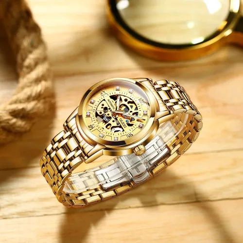Vista 4 de OLEVS Men's Automatic Watch, Luxury Skeleton Large Face Roman Numerals Self Winding Watch, Gold Silver Stainless Steel Watches for Men