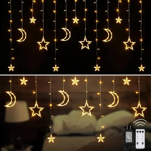 Vista 12 de Luces de Cortina de Estrellas para Dormitorio - Enchufables de 9 pies, 138 Luces LED de Hadas Centelleantes con 12 Gotas de Estrellas, Luces