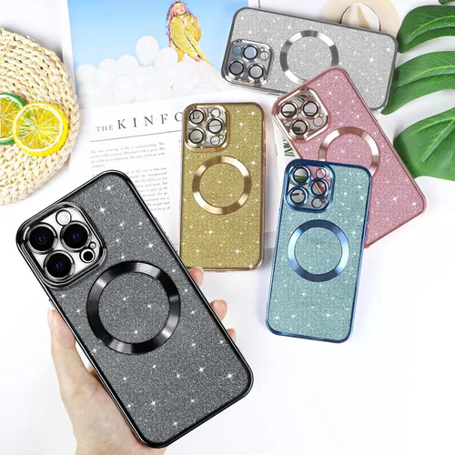 Vista 6 de Hython Funda para iPhone 13 Pro Max con purpurina, fundas magnéticas transparentes para teléfono con protector de lente de cámara