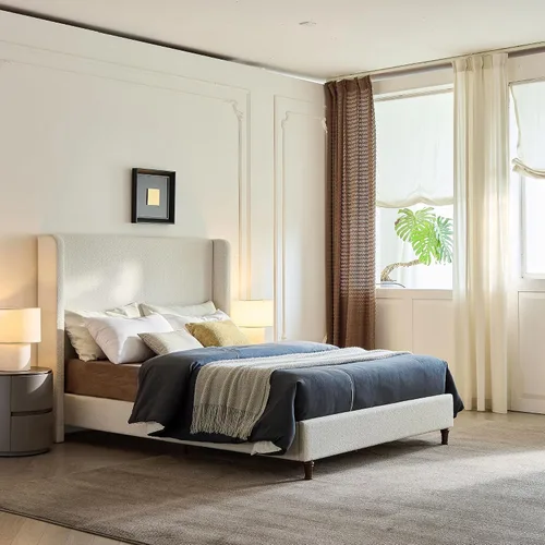 Vista 3 de Boucle - Cama de cabecera alta tamaño Queen, base de cama tapizada con cabecera de 54 pulgadas de alto, listones de madera resistentes y marco