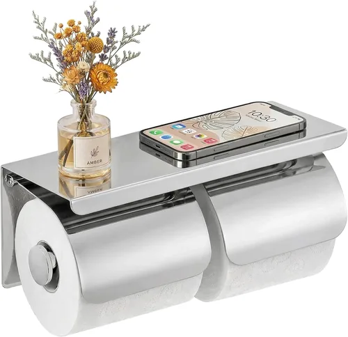 Vista 8 de Soporte de papel higiénico doble de acero inoxidable con estante de almacenamiento para teléfono (gris)