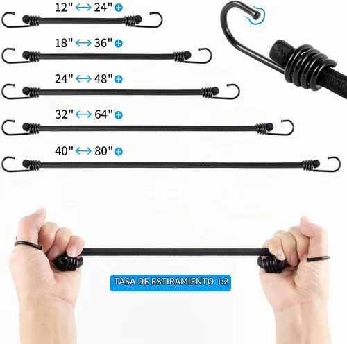 Vista 6 de Cuerda elástica pequeña de 12 pulgadas con ganchos, cuerdas elásticas negras resistentes al aire libre con ganchos para camping, lonas, tiendas