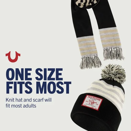 Vista 5 de True Religion - Conjunto de gorro y bufanda, gorro de punto con relleno de invierno con pompones y bufanda estilo estadio