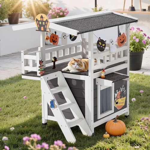 Vista 8 de VEVOR Casa para gatos al aire libre, refugio de madera para gatos de 2 pisos con escaleras y balcón, refugio elevado para gatitos, habitación