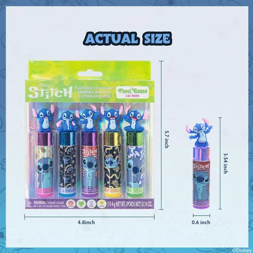 Vista 5 de Disney Stitch 5 piezas a base de plantas, set de bálsamo labial hidratante para maquillaje para niñas, niños y bebés, perfecto para fiestas, fiestas
