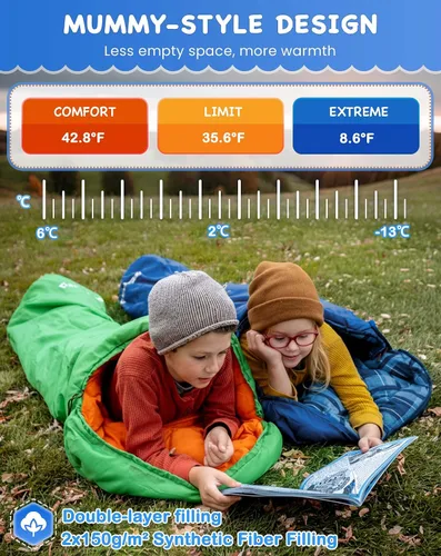 Vista 5 de KingCamp 45°F Kids Sleeping Bag, 100% Flannel Sleeping Bag for 10-12 Child