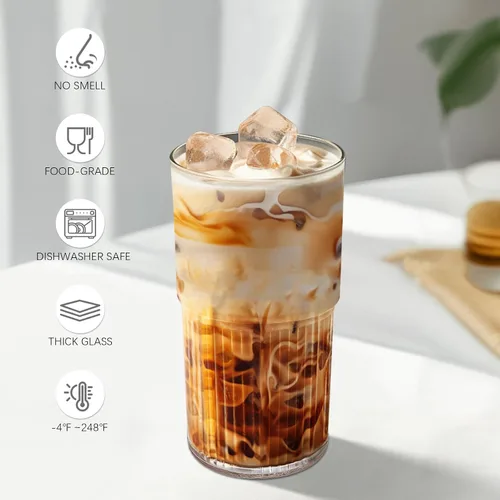 Vista 4 de Taza de café helado con tapa y pajilla, vaso de vidrio acanalado de 18.6 onzas, vaso estético con tapa deslizante para matcha, Boba, batido, cerveza