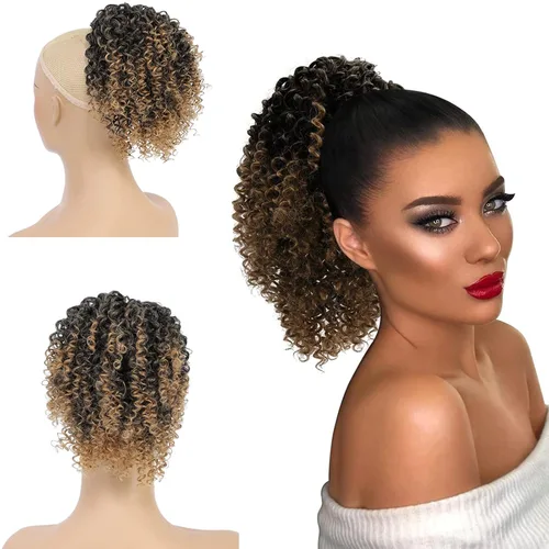 Vista 8 de Cola de caballo con cordón para mujeres negras, extensión de cola de caballo negra rizada para mujeres negras, extensiones de cabello sintético