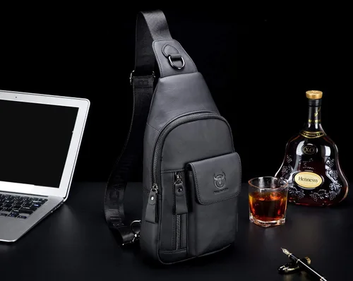 Vista 5 de BULLCAPTAIN Bolso bandolera de cuero genuino para hombre, bolsa cruzada de viaje, bolsa de pecho de gran capacidad, casual, mochila de senderismo