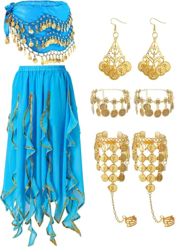 Vista 35 de Haysandy Conjunto de 8 piezas de danza del vientre para mujer, falda de danza del vientre, bufanda de cadera, 2 pulseras, aretes, pulsera de tobillo