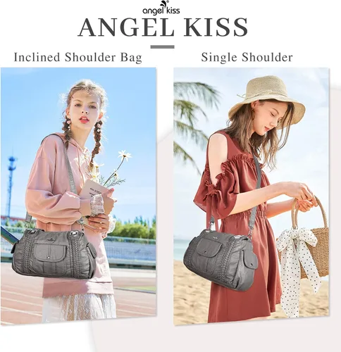 Vista 7 de Angelkiss - Bolsos y bolsos de mano para mujer, de cuero vegano lavado, bolso cruzado de hombro