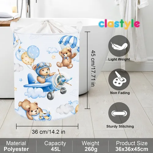 Vista 6 de Clastyle Cesta grande de 45 L con asa plegable para almacenamiento de juguetes con tapa para guardería y niños, con diseño de oso azul
