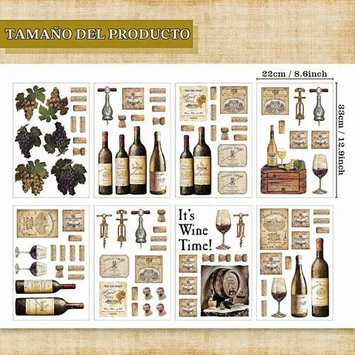 Vista 2 de 8 hojas de calcomanías de pared para botella de vino
