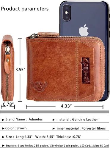 Vista 36 de Admetus - Cartera de piel auténtica para hombre con cremallera, plegable