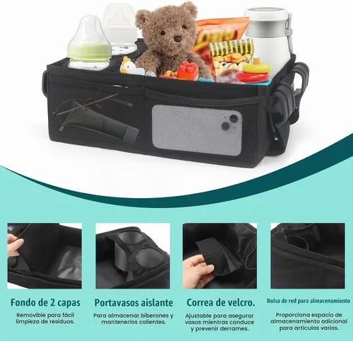 Vista 3 de W2 - Bandeja de aperitivos para cochecito Wonderfold W2, soporte para tazas de cochecito, almacenamiento de juguetes, accesorios de carro W2