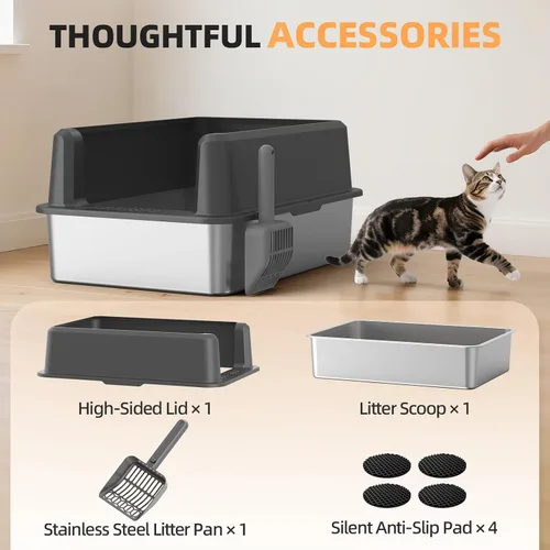 Vista 7 de WoofiGo Caja de arena cerrada de acero inoxidable para gatos con tapa, caja de arena extra grande XL para gatos grandes, bandeja de arena de metal