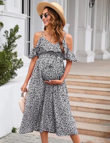 Vista 2 de KOJOOIN Vestido de maternidad para mujer, con volantes, manga corta, tirantes delgados, vestido floral, cuello en V, acampanado, vestido
