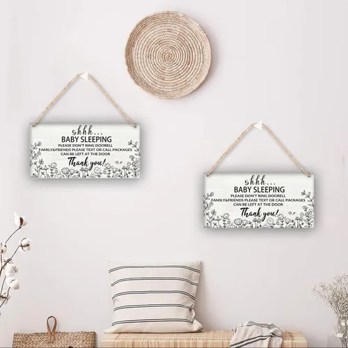 Vista 5 de Colgador de puerta para dormir para bebé, 12 x 6 pulgadas, placa de madera para el hogar, guardería, porche, patio Bebé durmiendo