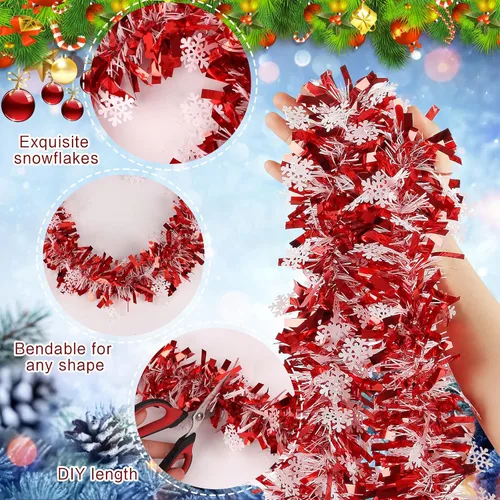 Vista 3 de CCINEE Guirnalda de oropel de Navidad de copo de nieve rojo de 32.8 pies, guirnalda metálica de oropel giratorio, decoración de árbol para fiesta