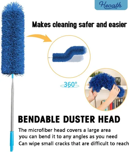 Vista 3 de Plumero de microfibra con poste extensible, plumero de telaraña extra largo de 100 pulgadas para limpieza, cabezal flexible, antiarañazos, lavable