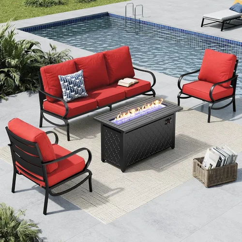 Vista 25 de MFSTUDIO Juego de 4 piezas de conversación para patio, marco de metal para todo tipo de clima, muebles de exterior con 1 mesa rectangular de propano