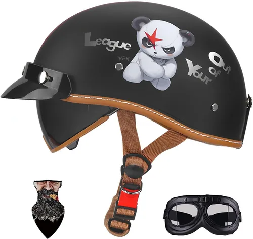 Vista 22 de Casco Moto Retro Jet para hombres y mujeres Homologado DOT, Medio Casco ABS, Ventilación Doble, Visera Retráctil y Forro Desmontable Fresco