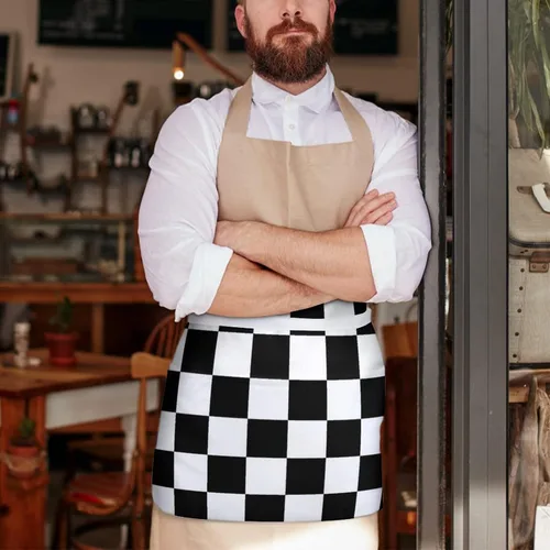 Vista 5 de Delantales de cintura con patrón de bandera a cuadros negros y blancos con 3 bolsillos para camarera, chef, medio delantal para mujeres y hombres