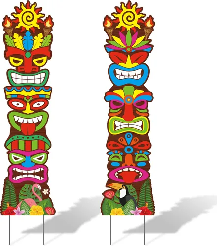 Vista 9 de Queekay 2 carteles de Tiki Yard Luau Hawaiian Tropical Party Decoración al aire libre Tiki Bar Letrero con estacas para verano (estilo iluminado)