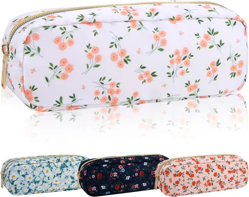 Vista 11 de Iqimott Bolsa Grande de Maquillaje de Nylon, Neceser de Viaje, Bolsa Grande de Cosméticos Preppy, Organizador de Maquillaje de Nylon, Bolsa de Beige