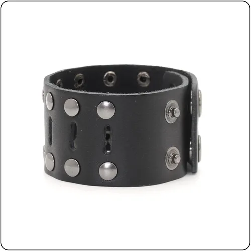 Vista 5 de Pulsera de cuero ancho hueco de doble fila de remaches punk rock