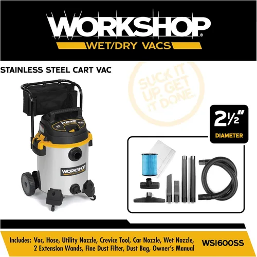 Vista 2 de WORKSHOP Wet/Dry Vacs Shop Vacuum WS1600SS Aspiradora de acero inoxidable de 16 galones y 6.5 pico HP con filtro, bolsa para polvo, manguera