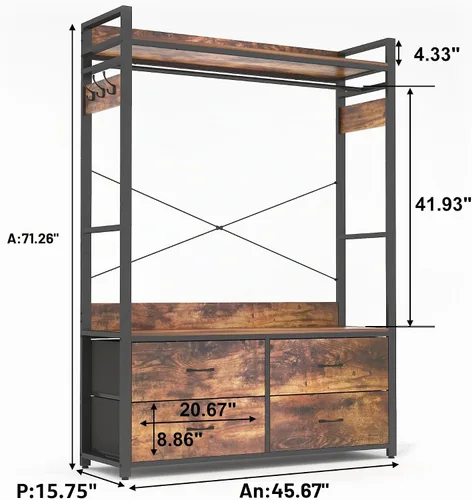 Vista 3 de Perchero para ropa con cajones, perchero para ropa con estantes y varilla para colgar, perchero de ropa industrial con almacenamiento para bolsas
