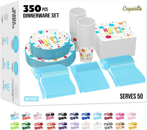 Vista 14 de Exquisite 350 Piezas Platos de Plástico de Cumpleaños Azules Para Fiestas, Juego de Platos Desechables de Cumpleaños Azules, 50 de Cada Juego