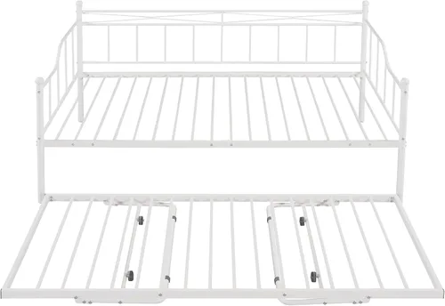 Vista 5 de Sofá cama de metal de tamaño matrimonial con nido ajustable de tamaño individual, nido plegable portátil, soporte de listones de metal, cama Blanco