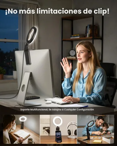 Vista 2 de Evershop Luz de Anillo para Portátil con Clip de Escritorio, Iluminación de Videoconferencia de Computadora Pequeña con Soporte para Teléfono/Cámara