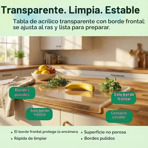 Vista 5 de Tabla de cortar acrílica con borde de mostrador – Pequeña (30 x 40 cm / 12" x 16") Tabla de cortar de cocina transparente sin contenedor, duradera