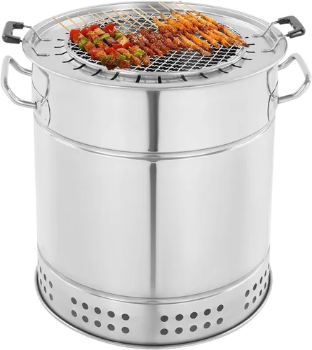 Vista 9 de Parrilla cilíndrica de carbón de acero inoxidable, 13 x 15 pulgadas, sin humo, para colgar en kebob, pequeña parrilla portátil sin humo de carbón