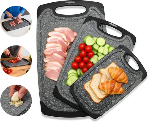Vista 10 de Tabla de cortar de plástico, 3 tablas de cortar aptas para lavavajillas con ranuras para jugo, mango de fácil agarre, antideslizante, con área