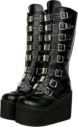 Vista 71 de Parisuit Botas góticas altas hasta la rodilla con hebilla de plataforma para mujer, tacón alto grueso, con cordones, botas de combate punk, con Negro