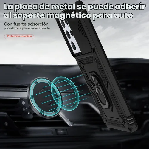 Vista 3 de Funda para Samsung Galaxy S21 Ultra con cubierta para lente de cámara, protector de pantalla HD, prueba de caídas de grado militar, soporte de Negro