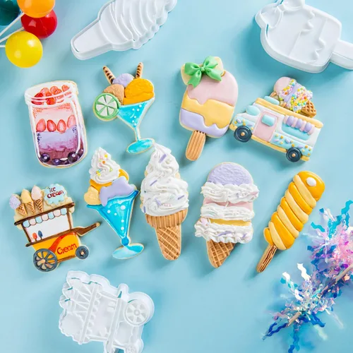 Vista 4 de Cortadores de galletas de helado con sello 3D PLA para decoración de pasteles de cocina, carrito, formas de paletas para niños, 3.5 pulgadas, sellos