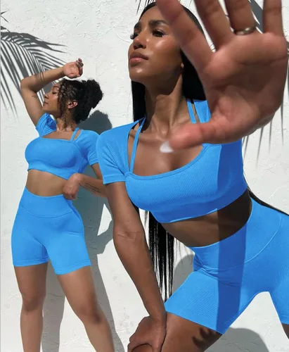 Vista 6 de OLCHEE Conjunto de entrenamiento sexy para mujer, 2 piezas, pantalones cortos de cintura alta, sin costuras, leggings y sujetador deportivo, ropa