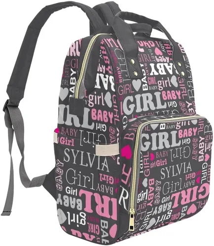 Vista 3 de Mochila de pañales personalizada, regalo con nombre, letras para bebé, color gris, rosa, bolsa de viaje versátil: gran capacidad y múltiples