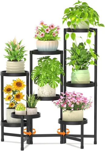Vista 14 de LASZOLA Soporte plegable de 3 niveles para plantas de interior para múltiples macetas grandes, estante ajustable alto y resistente con estantería