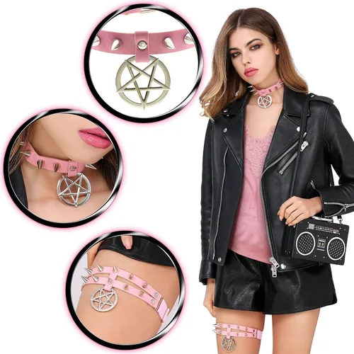 Vista 4 de LaVenty Gargantilla gótica vintage negra, collar de pentagrama rosa, gargantilla gótica punk para mujeres y hombres, collar de cadena de poliuretano