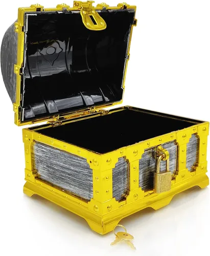 Vista 2 de Cofre del tesoro pirata con marco dorado para niños con cerradura y llave, almacenamiento de colección de tesoros y caja decorativa para favores