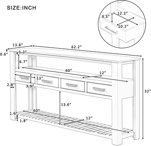 Vista 2 de Mesa consola multifunción vintage, mesa de sofá moderna de 62.2 pulgadas con 4 cajones y 2 estantes de almacenamiento, aparador de madera para Blanco