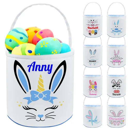 Vista 23 de Cesta de Pascua personalizada con nombre, bolsas de lona personalizadas para niños, cestas de Pascua para bebés, niños y niñas, color azul