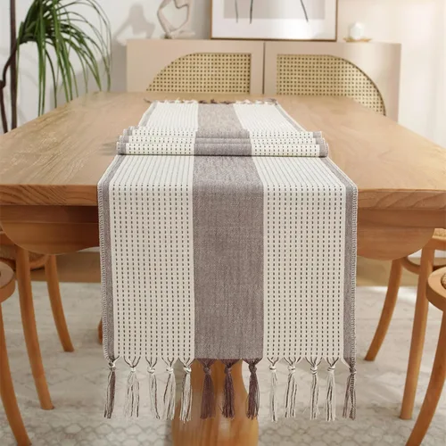 Vista 7 de Hsvanyr Camino de mesa gris rústico rectangular con exquisita borla para cocina, comedor, picnic, mesa de café, 13 x 63 pulgadas, a prueba de polvo